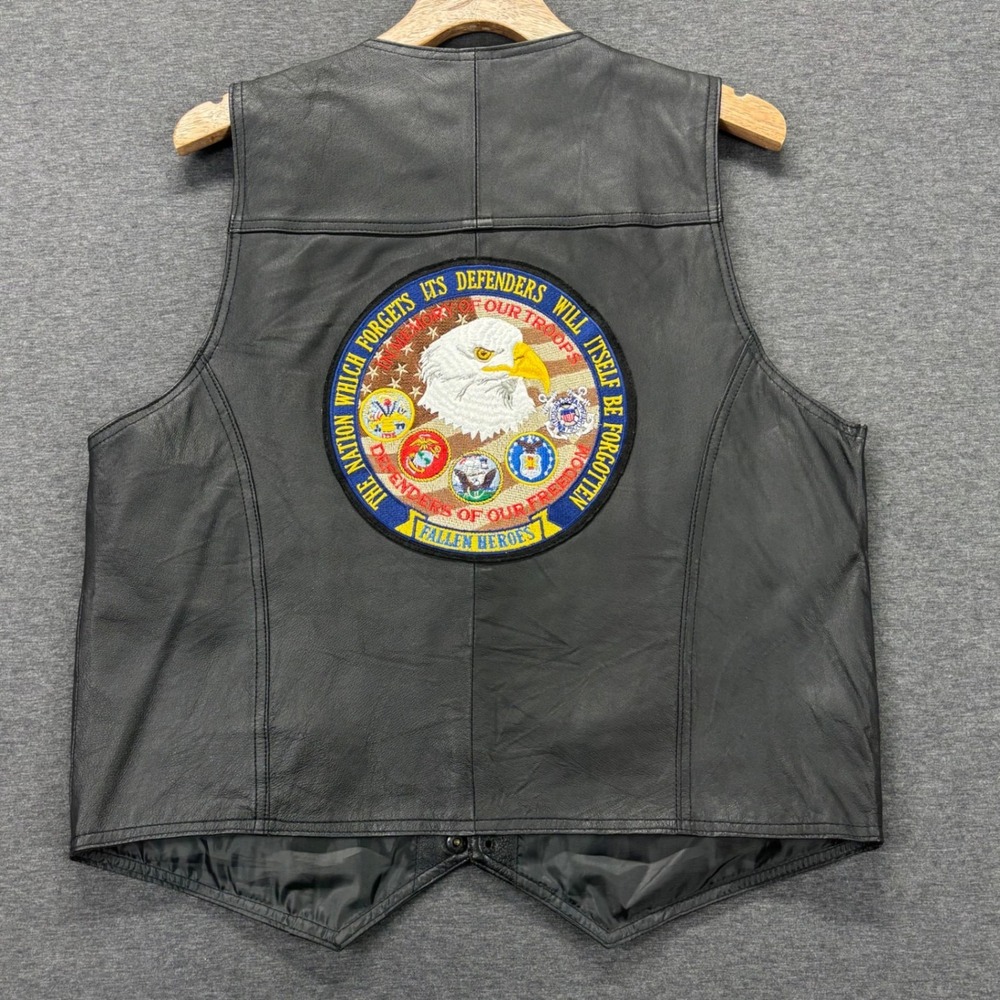 Leather USA Vest‎ Mens L Black Leather Eagle Patch Fallen Heroes Back Biker